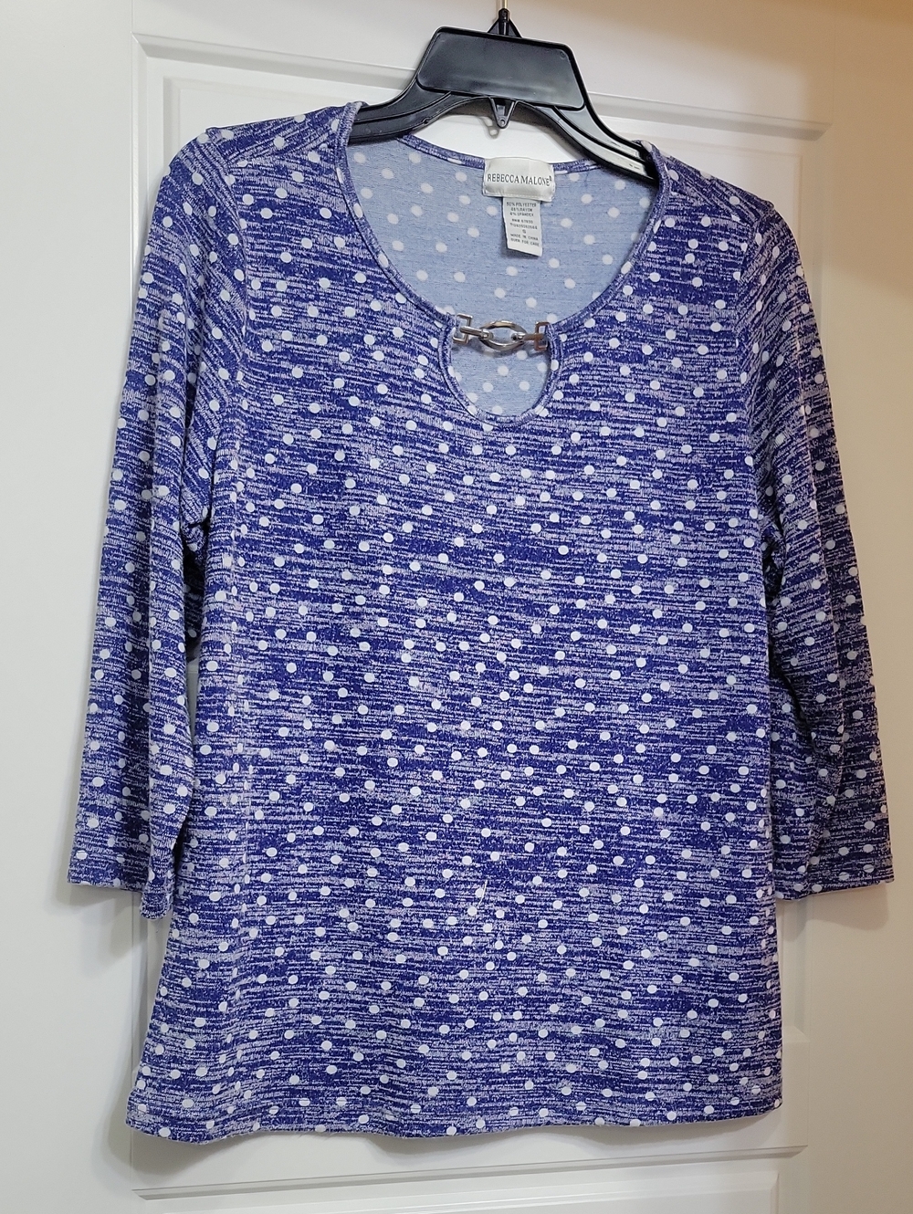 Rebecca Malone Blue and White Polka Dot Keyhole Long Sleeve Tee